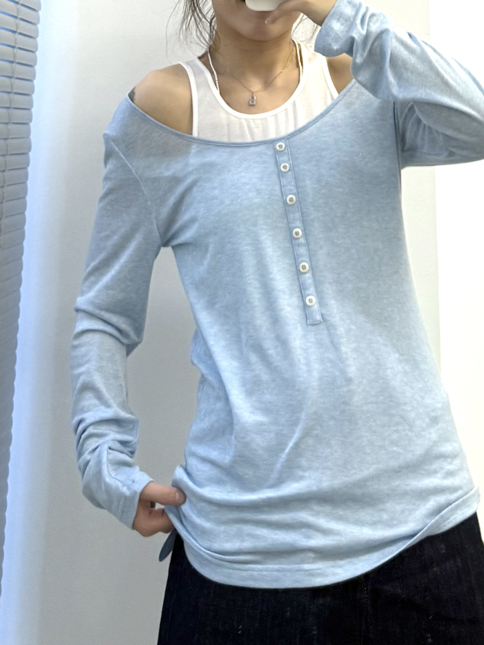 Luluzou T恤长袖休闲修身型针织秋季假两件内搭静奢风圆领