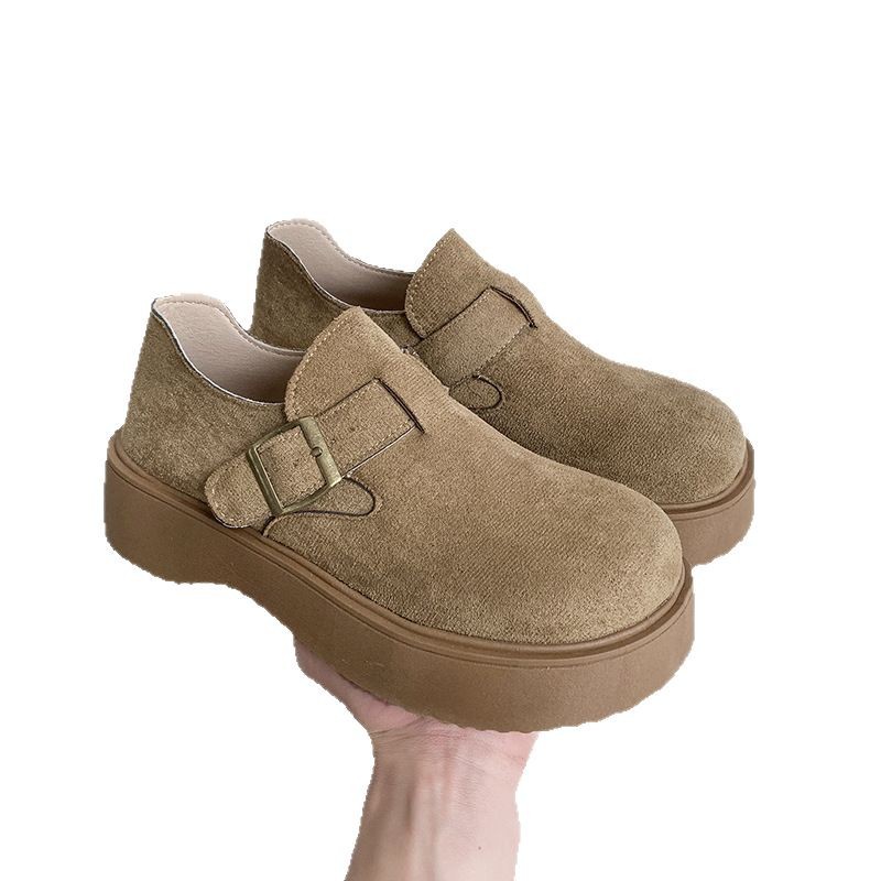 反绒皮单鞋春秋休闲女乐福鞋百搭勃肯鞋厚底一脚蹬女鞋复古新款博