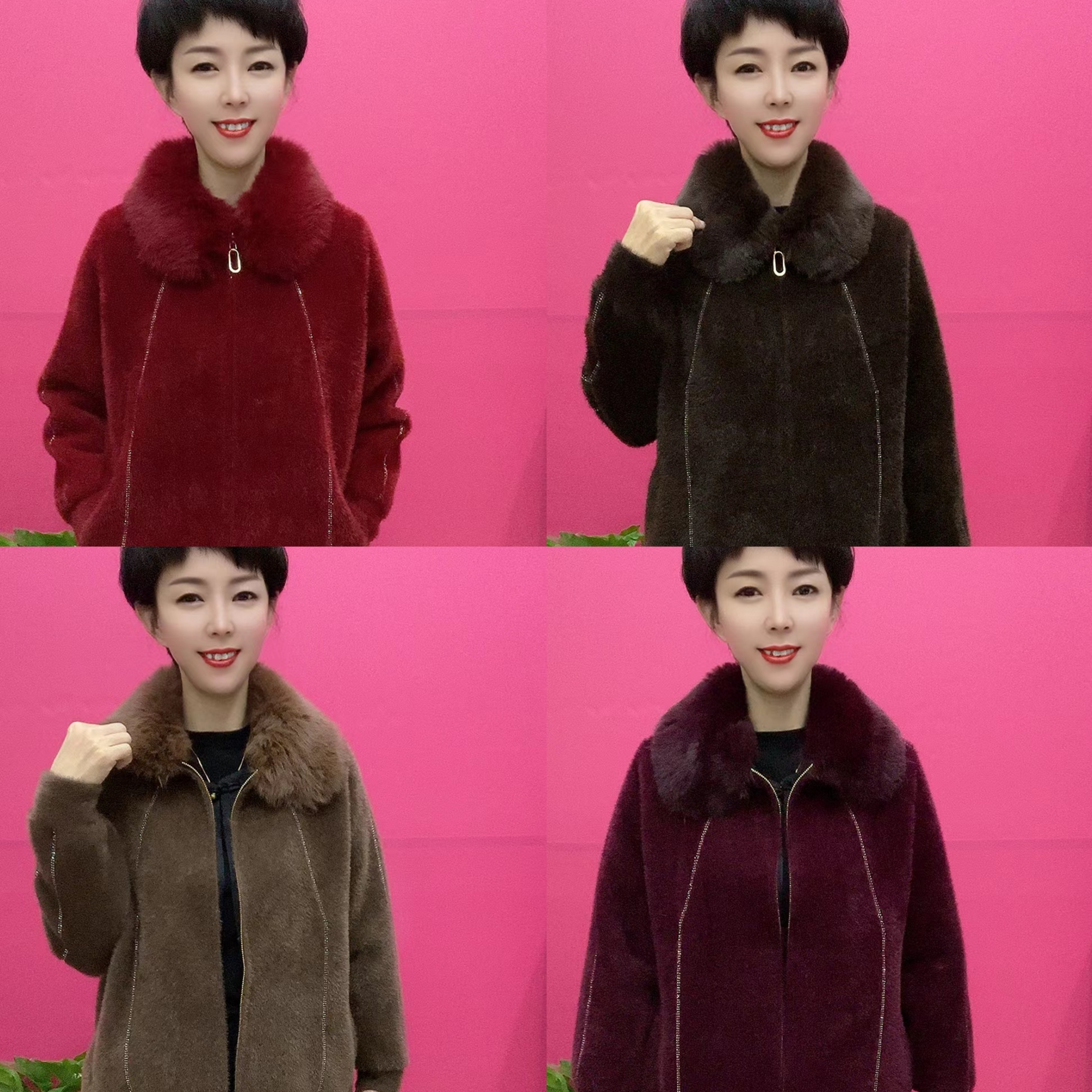 时尚毛领竖条钻外套