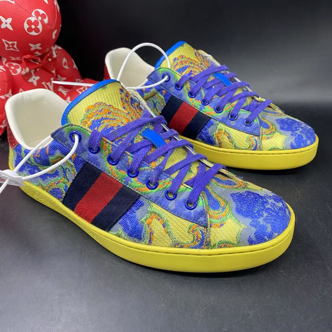 95新 GUCCI/古驰 ACE男士黄蓝扎染简约舒适板鞋42.5欧码ddm1984