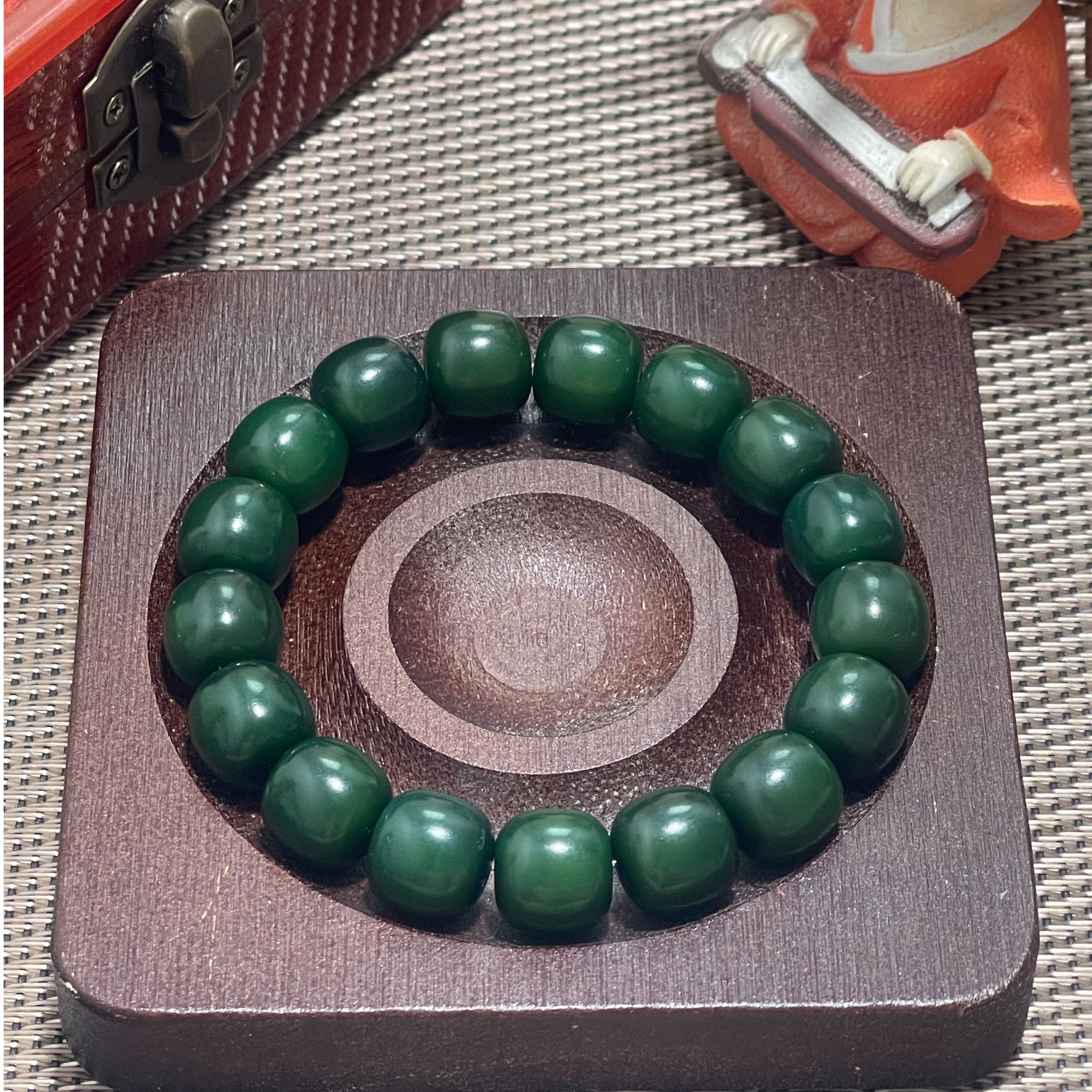 菩提根/象牙果祖母绿色桶珠单圈手串