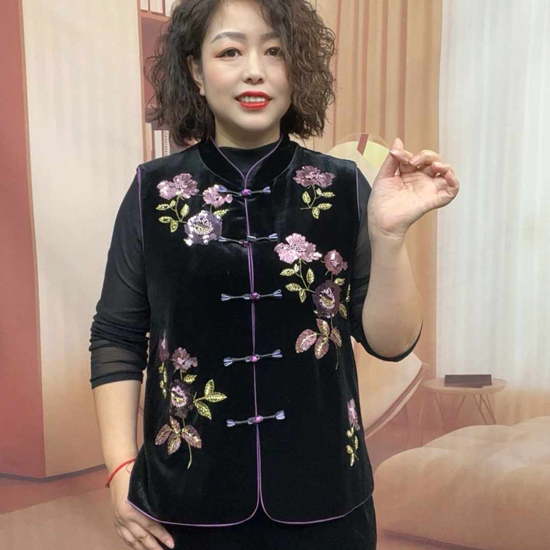 时尚妈妈装复古时尚刺绣马甲中老年女装盘扣百搭中国风常规宽松型