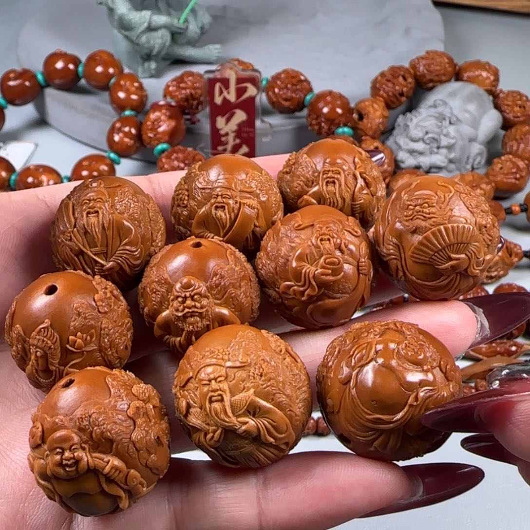 橄榄核手串/手链宽2.4鸡血红梅林核正圆风景群仙会