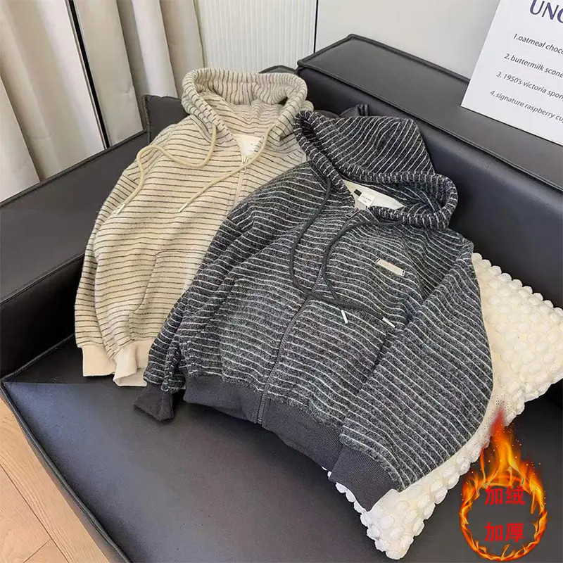 男童秋冬加绒连帽时尚外套宽松韩版条纹拉链卫衣百搭男女童中长款