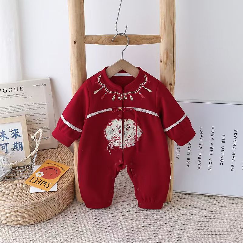新品上新！！25013春秋拼接团花宝宝卡通时尚中国风婴幼儿连体哈衣