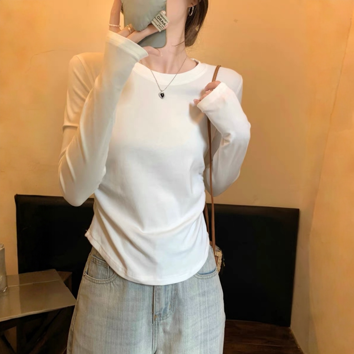 幂雀百搭长袖显瘦打底衫秋冬修身彩色纽扣T恤圆领简约长袖打底863