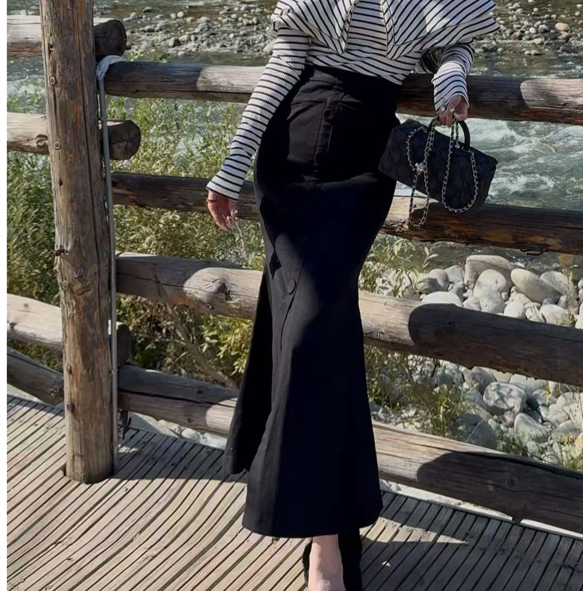 【XU·JING】黑色高腰排扣鱼尾半身长裙显瘦气质款