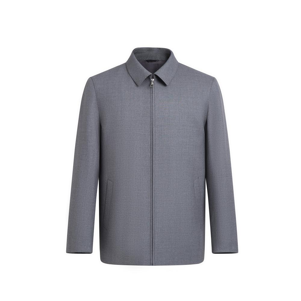 春秋季纯色男士中年休闲商务行政夹克羊毛茄克宽松翻领薄款羊毛