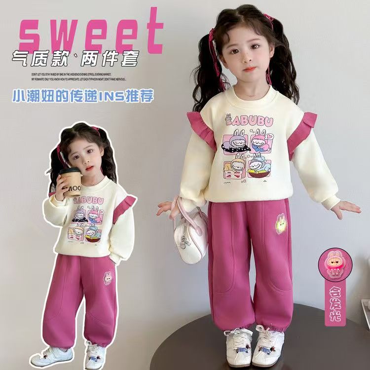 女童套装秋季2025新款洋气儿童卡通运动卫衣卫裤时髦女宝宝两件套
