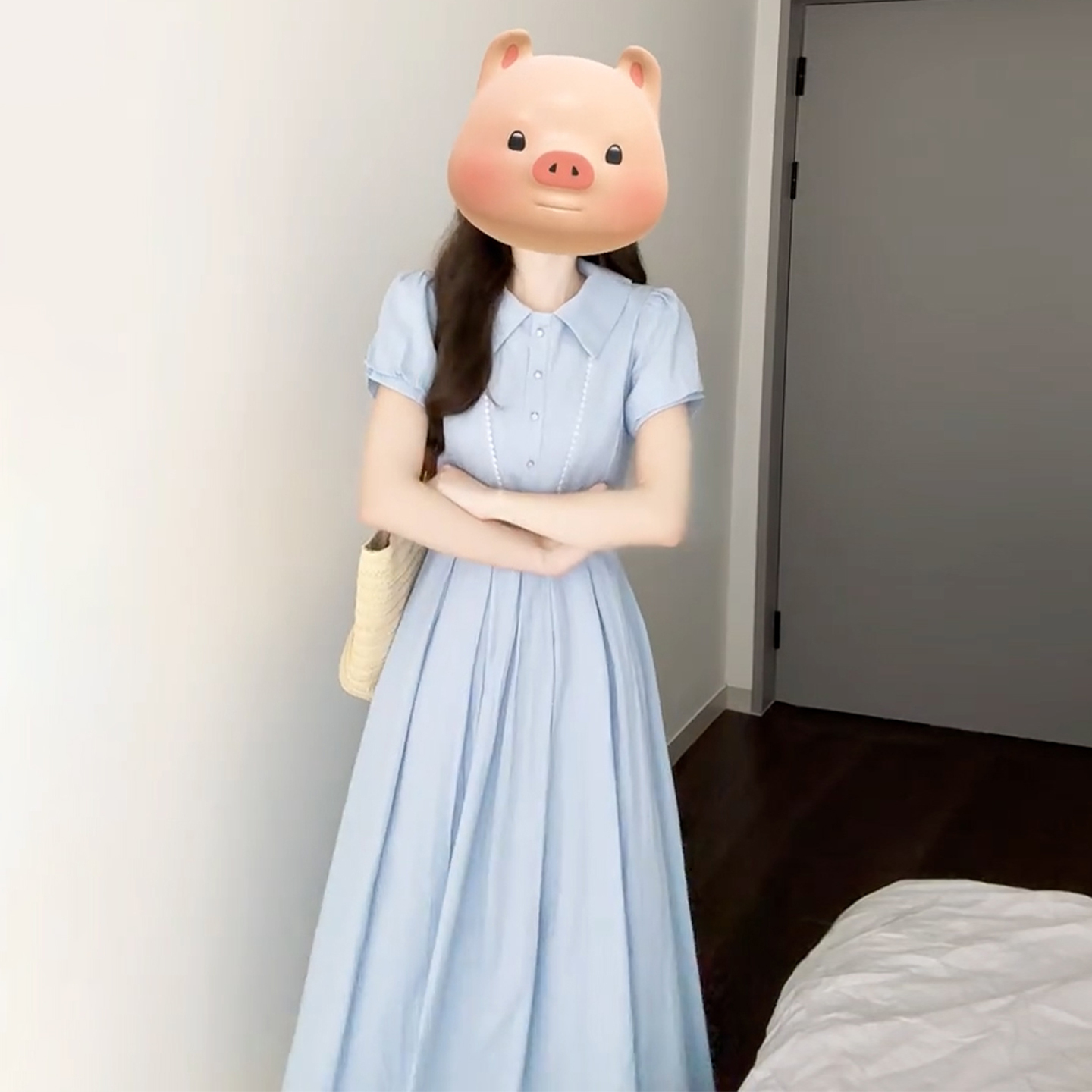 【现货+运补】蓝色衬衫2025新爆款巨好看收腰学院风气质长裙5157