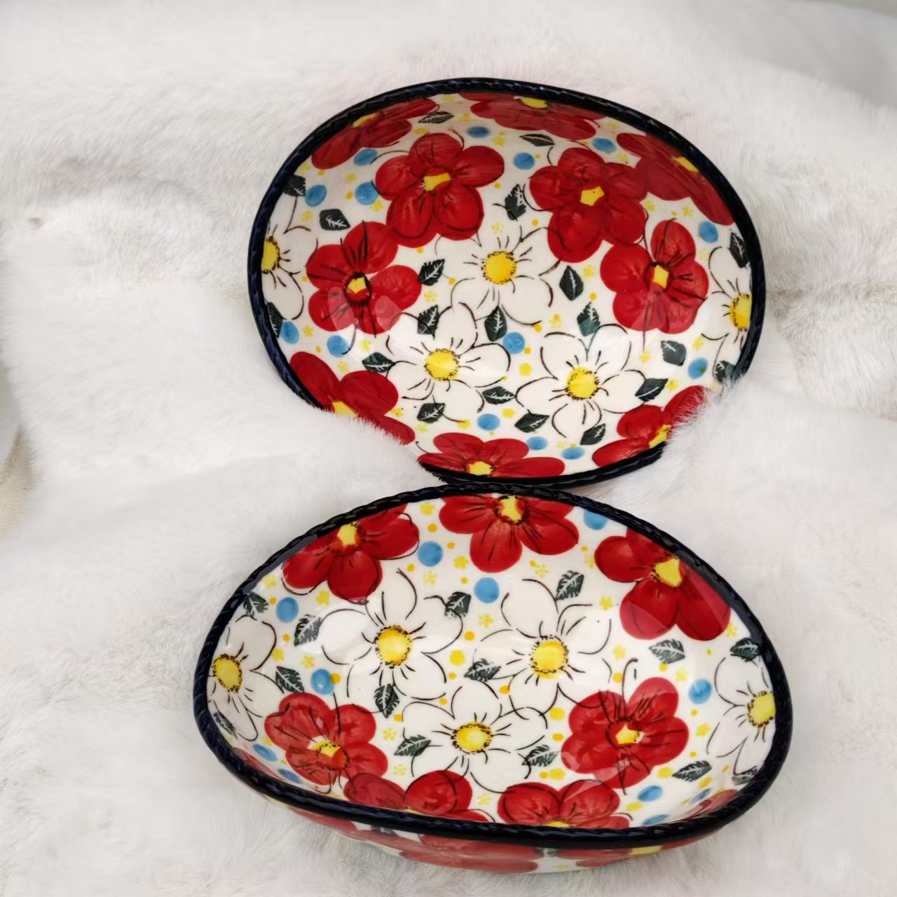 新瓷新疆包邮【半夏嫣红】波兰轻奢家用元宝碗 复古陶瓷碗两只装