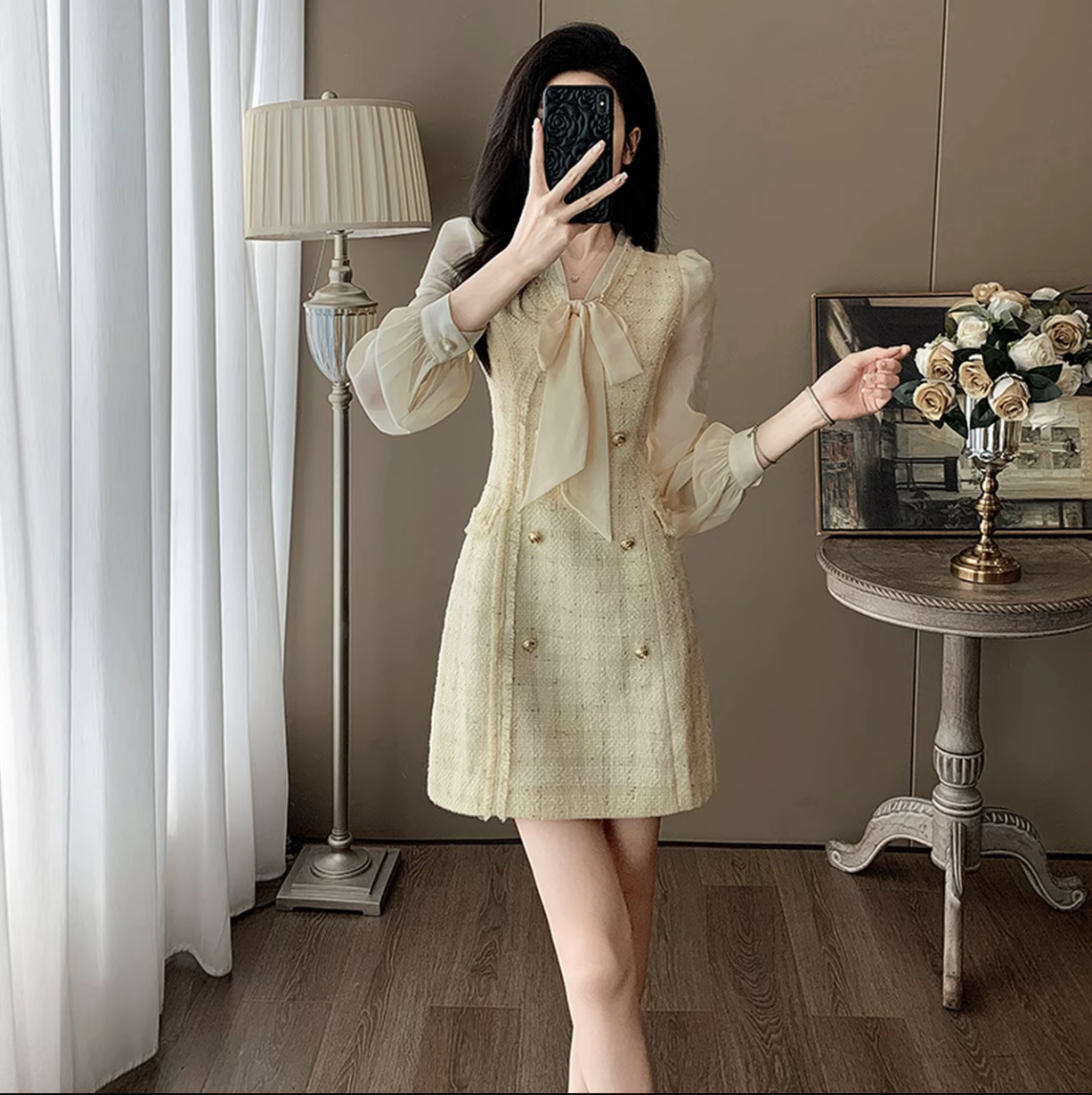 5665法式富家千金风裙子女高端小众设计气质小香风假两件连衣裙