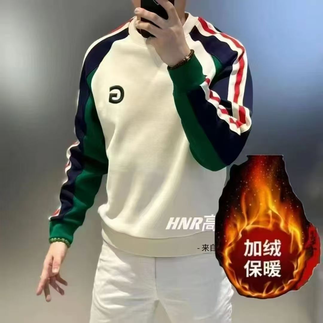 2025欧版新款高品质加绒男士刺绣时尚保暖潮流百搭打底衫长袖卫衣