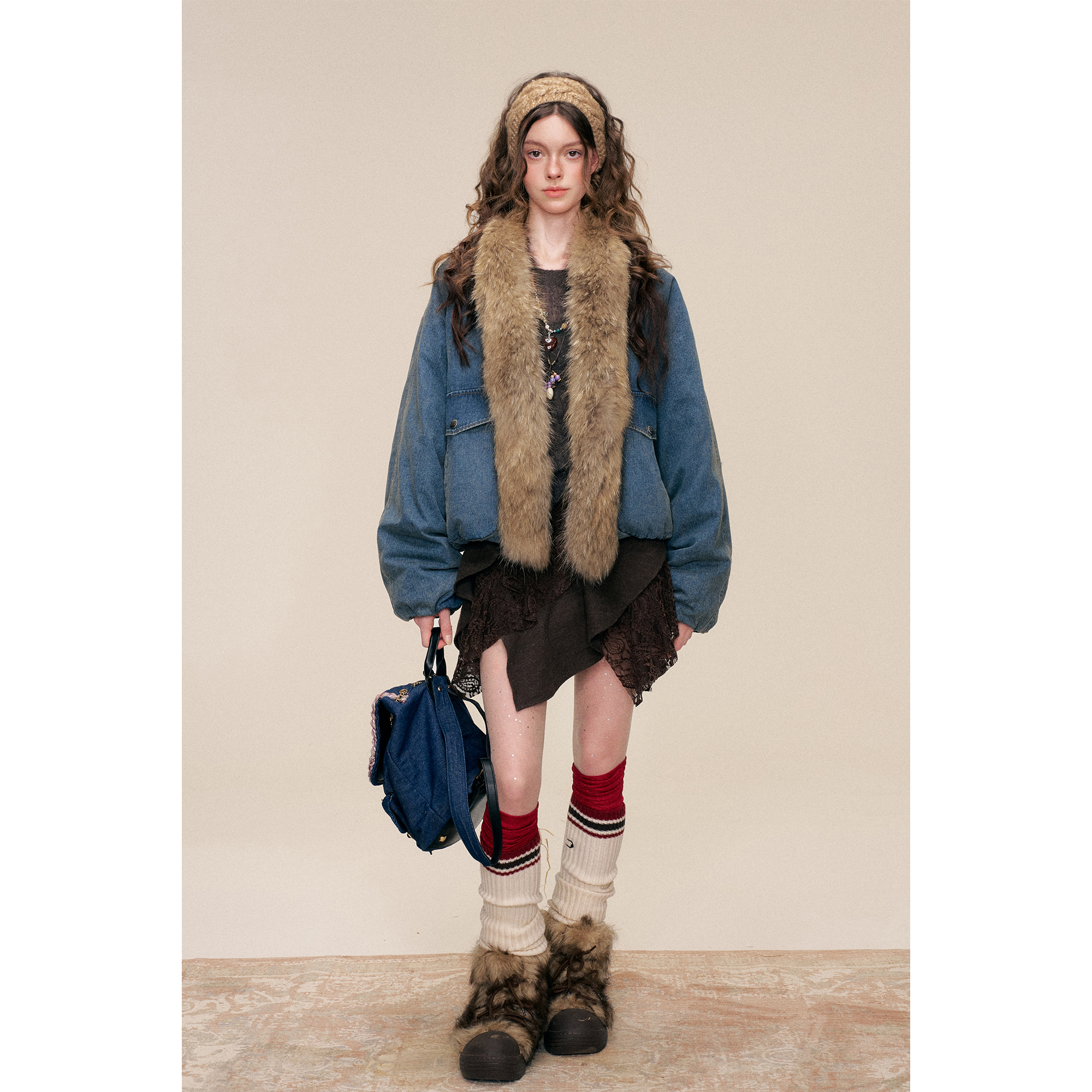 【一一专属】甜酷貉子毛拼接羽绒牛仔派克外套