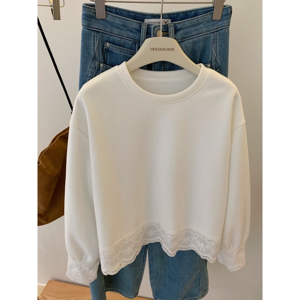 A东大门韩版新款秋冬加绒厚款简约圆领花边拼接温柔气质T恤4392