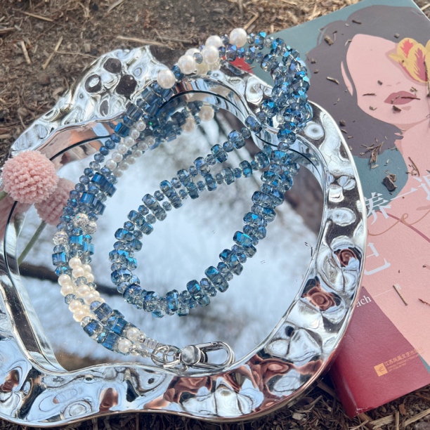 【蔚蓝之心】挂脖链手工水晶珍珠DIY手机挂链饰品手机链防丢挂脖