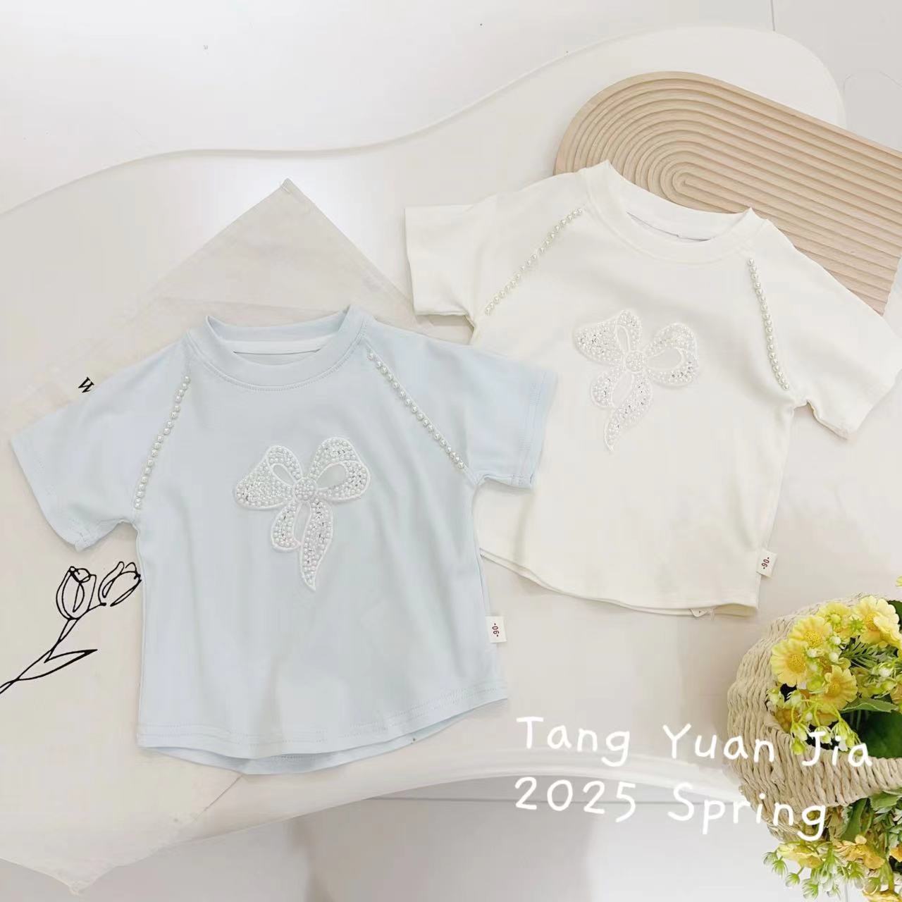汤圆家童装2025夏季新款韩系甜美定制蝴蝶结亮片T恤 YA-1302