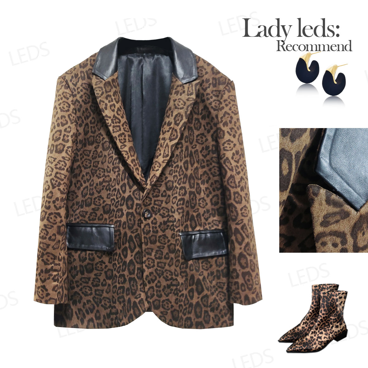 LEDS 82558早春新款个性百搭气场款豹纹西服外套