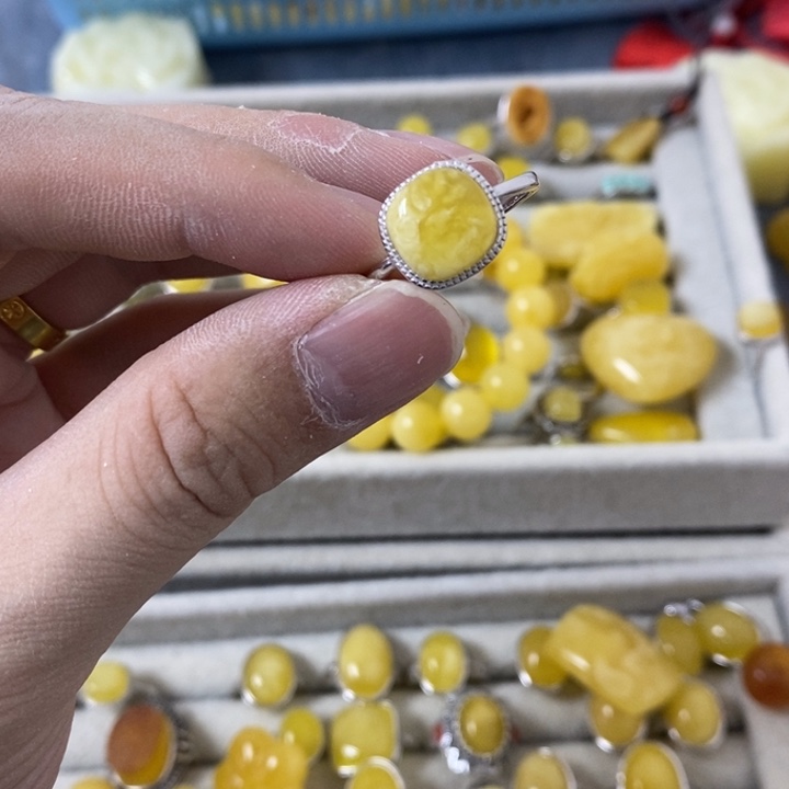 蜜蜡裸石银S925镶嵌戒指