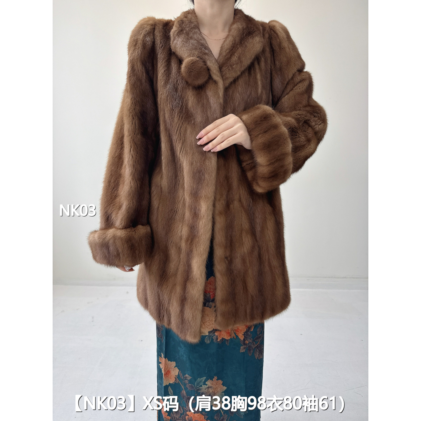 【NK03】XS 奶茶棕中长款全抽貂皮水貂大衣女 翻立领挽袖 10003