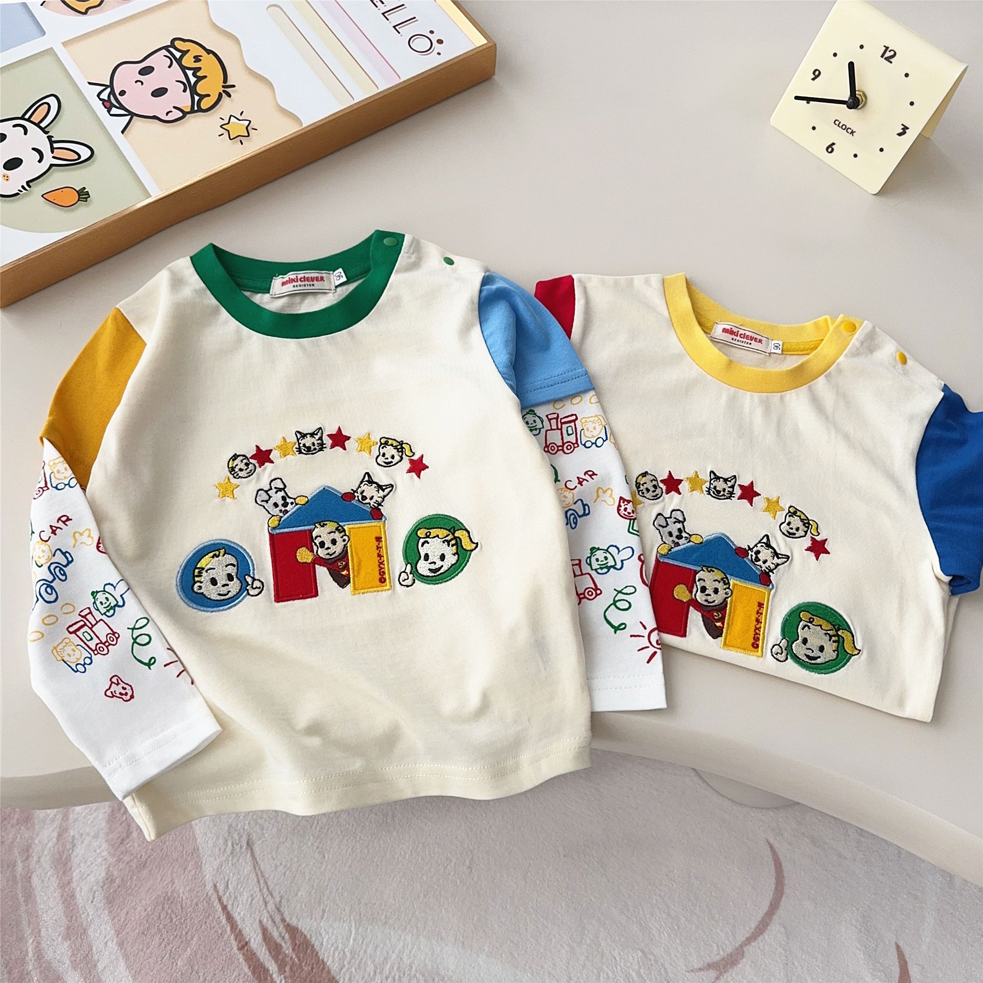 日系童装 25春季新款男女童宝宝假两件积木上衣长袖T恤6005