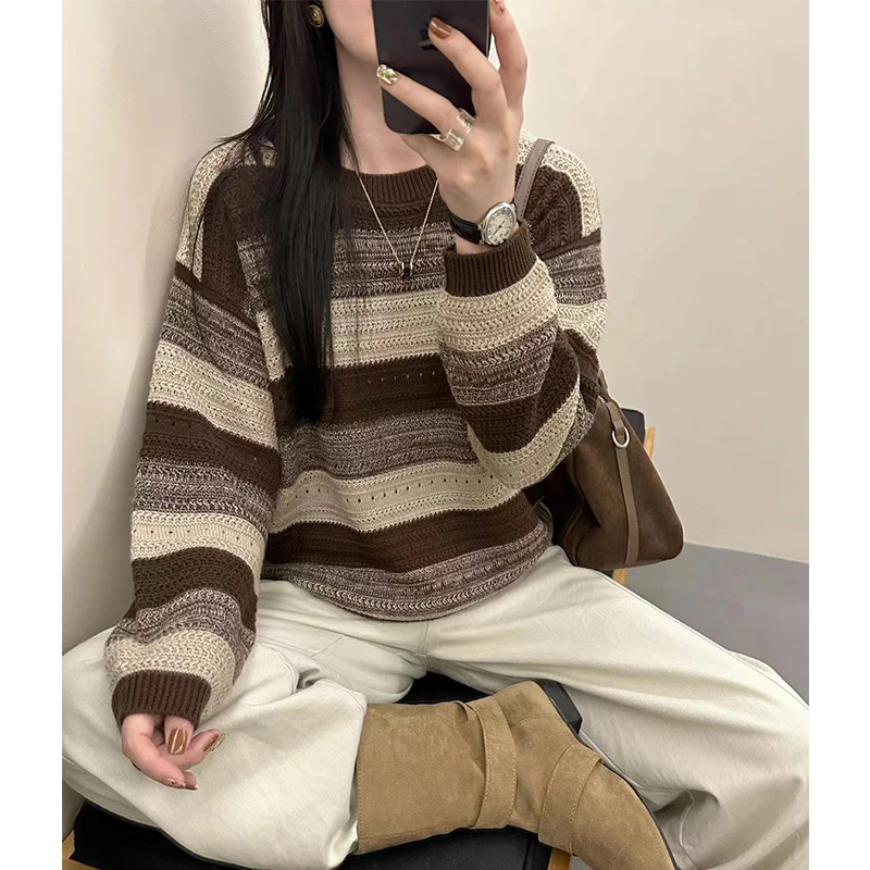 【佳佳的织黛女装】圆领条纹针织衫女时尚洋气宽松慵懒风上衣套头