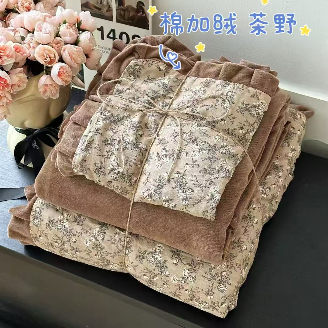 TT家纺 茶野 豆豆婴儿绒全棉纯棉双层纱宝宝绒四件套