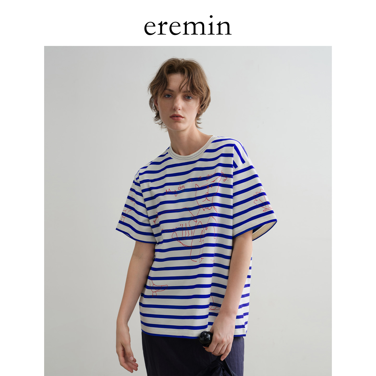 EREMIN线条小狗/海军蓝涂鸦条纹印花全棉休闲T恤55576