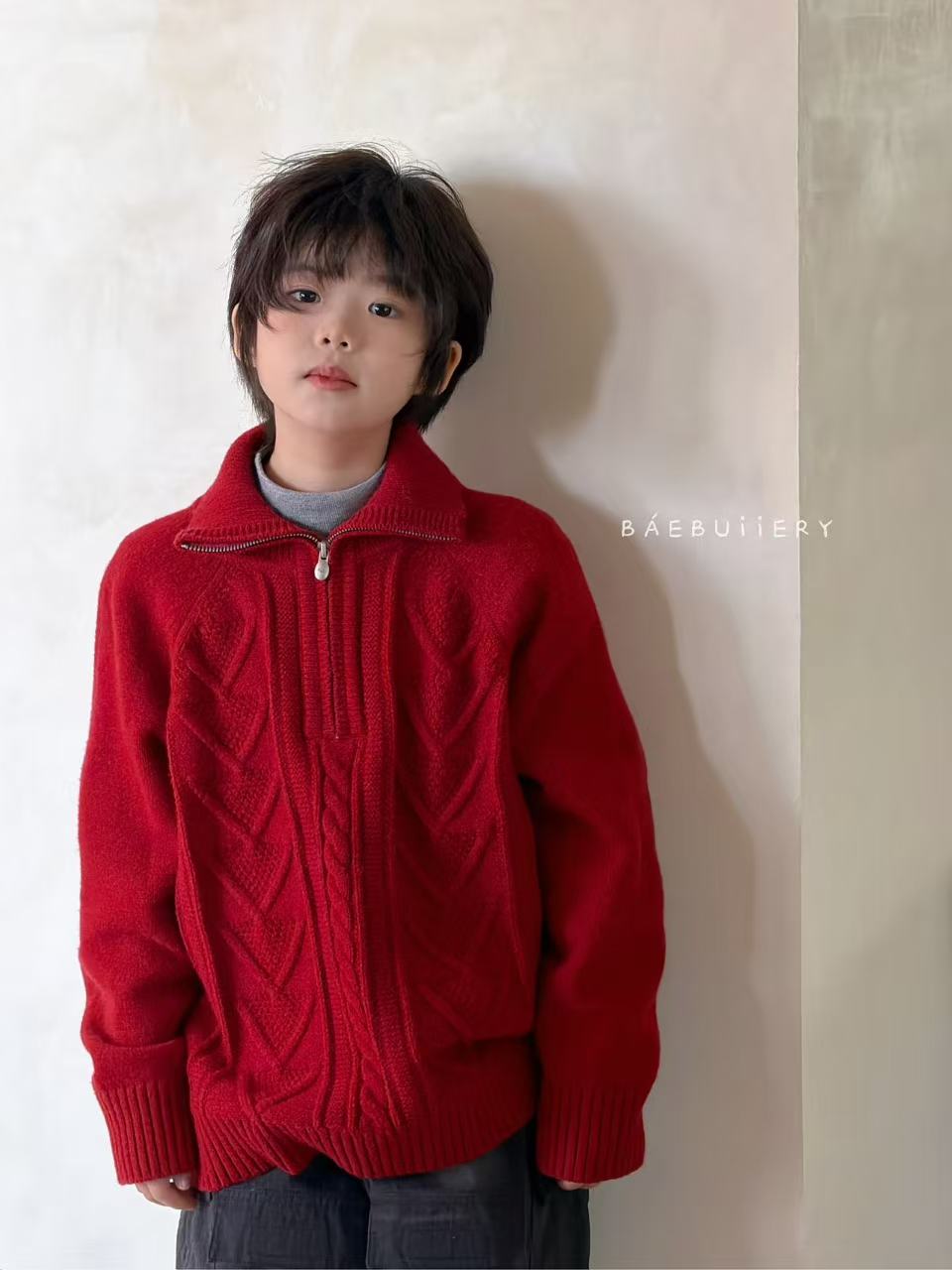 528068冬季新款儿童红色半拉链毛衣