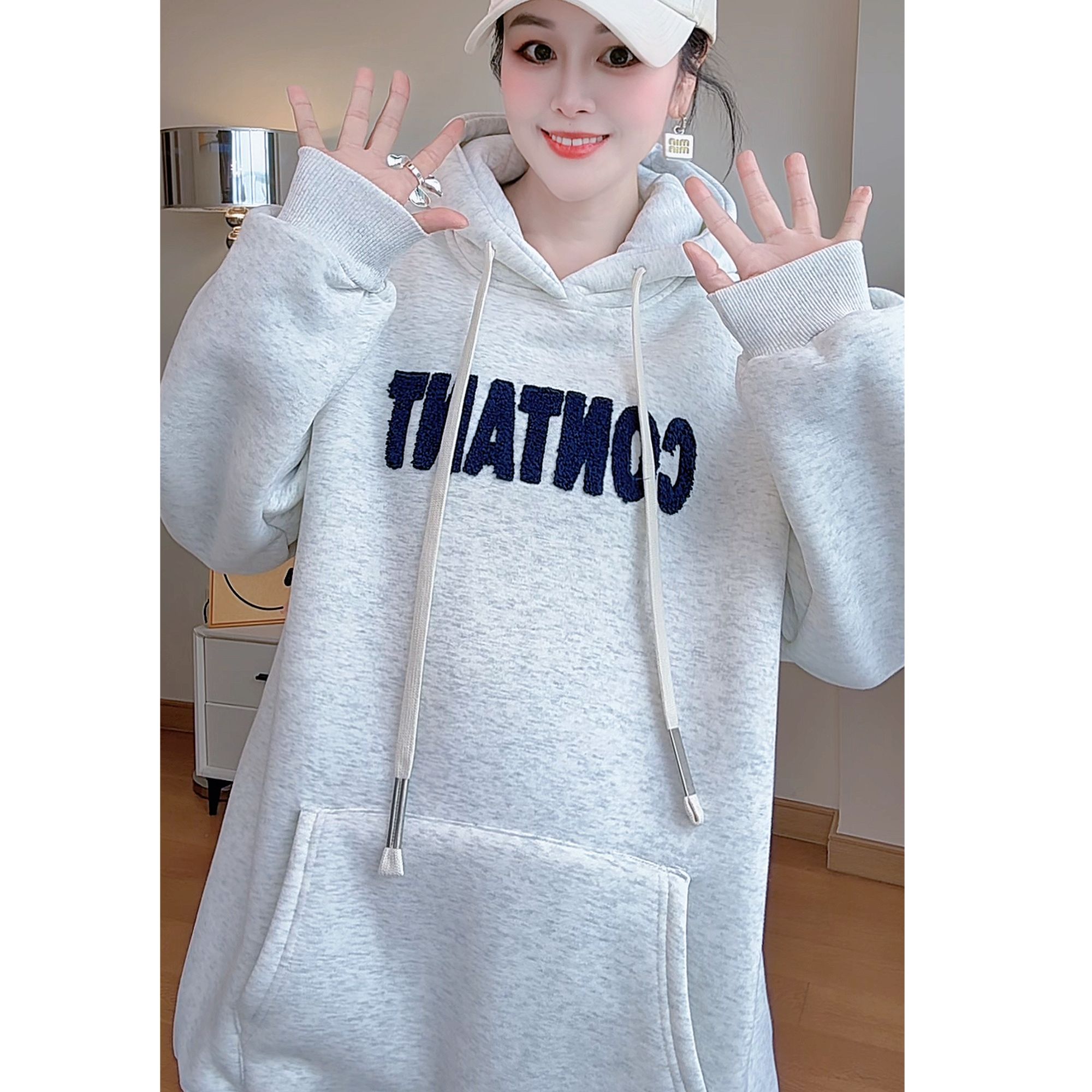 【CON】加绒加厚连帽中长款毛巾刺绣卫衣2025秋冬宽松慵懒风上衣