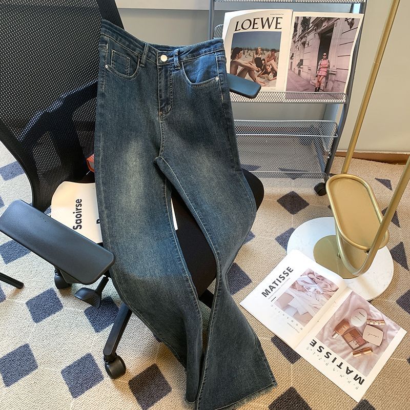 复古毛边微喇牛仔裤女2024年夏季新款高腰修身显瘦高街马蹄喇叭裤