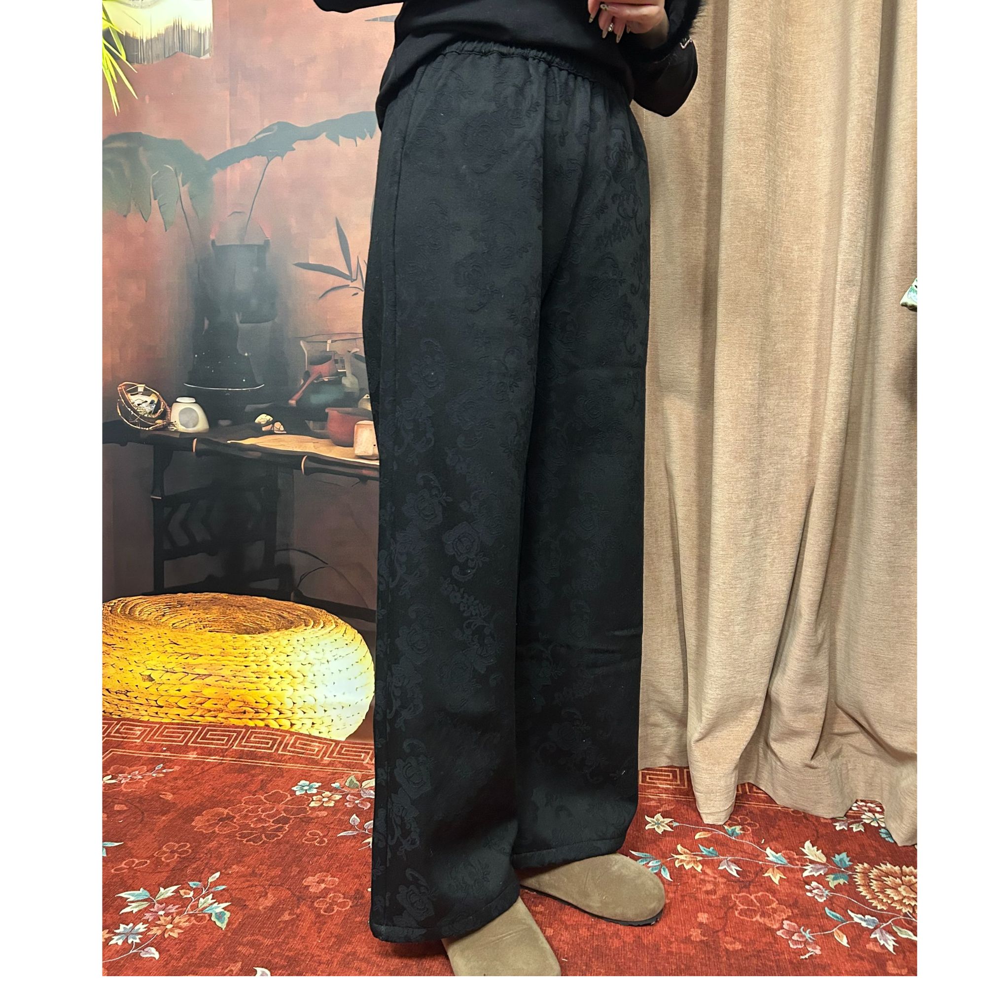 【花似锦】冬季新品正版高定时尚气质复古百搭提花加绒棉麻直筒裤