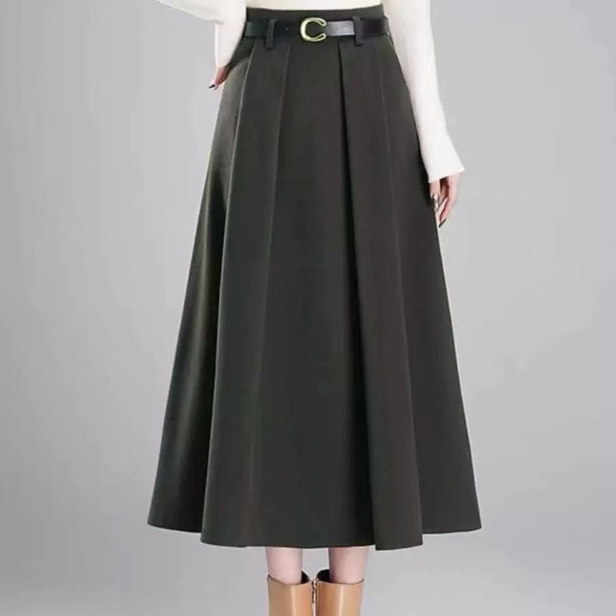 【有腰带 毛呢裙-】法式显瘦半裙女2024秋冬新款高腰显瘦中长款裙子