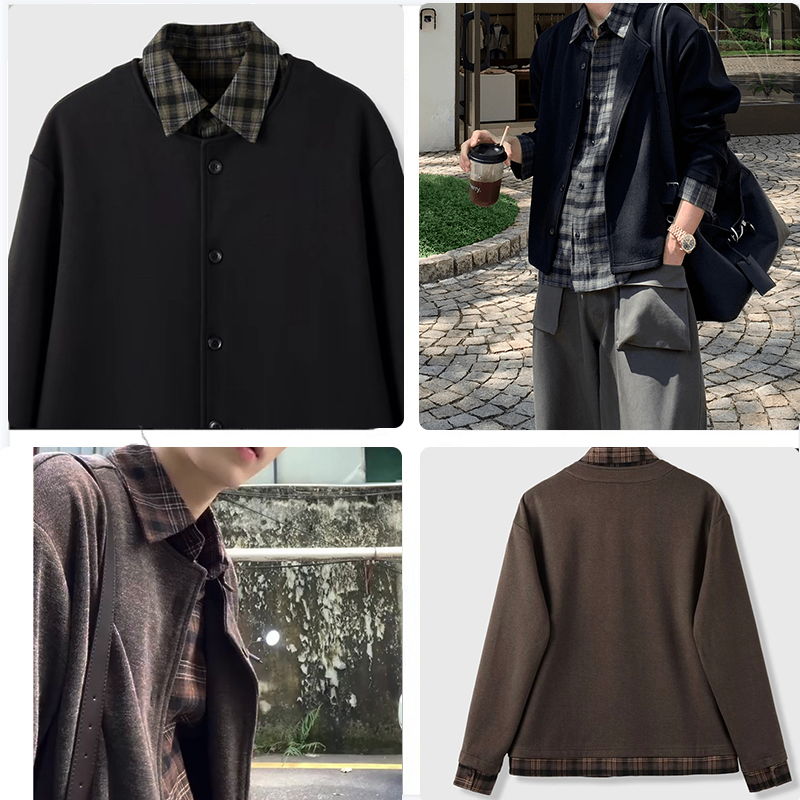 XP-【糖渍栗子】春秋假两件拼接人夫感衬衫领气质百搭针织衫外套