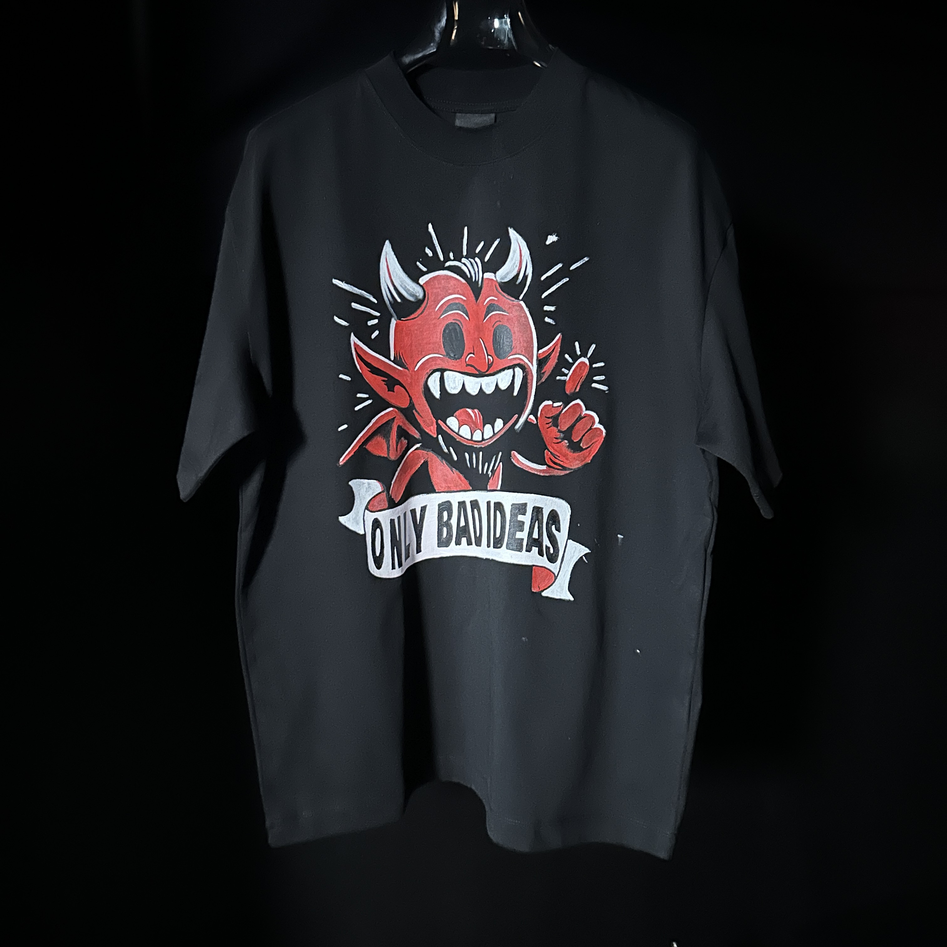 【冷目、潮物质】手工绘画定制卡通风格小恶魔重磅洗水磨破工艺短袖