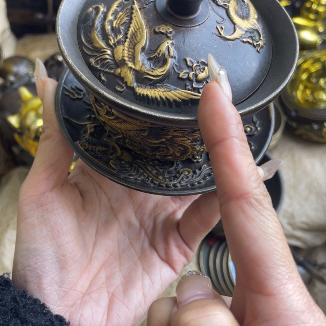 原矿风磨铜三财 盖碗