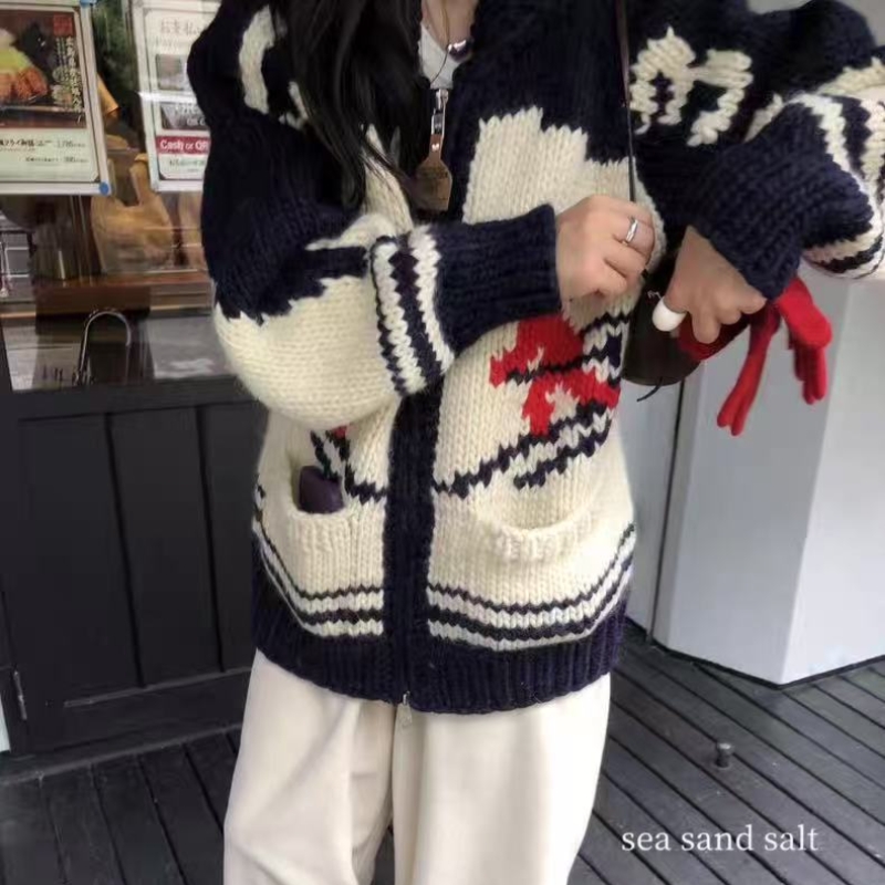 51号 手工100羊毛棒针织费尔岛滑雪人宽松拉链保暖毛衣开衫
