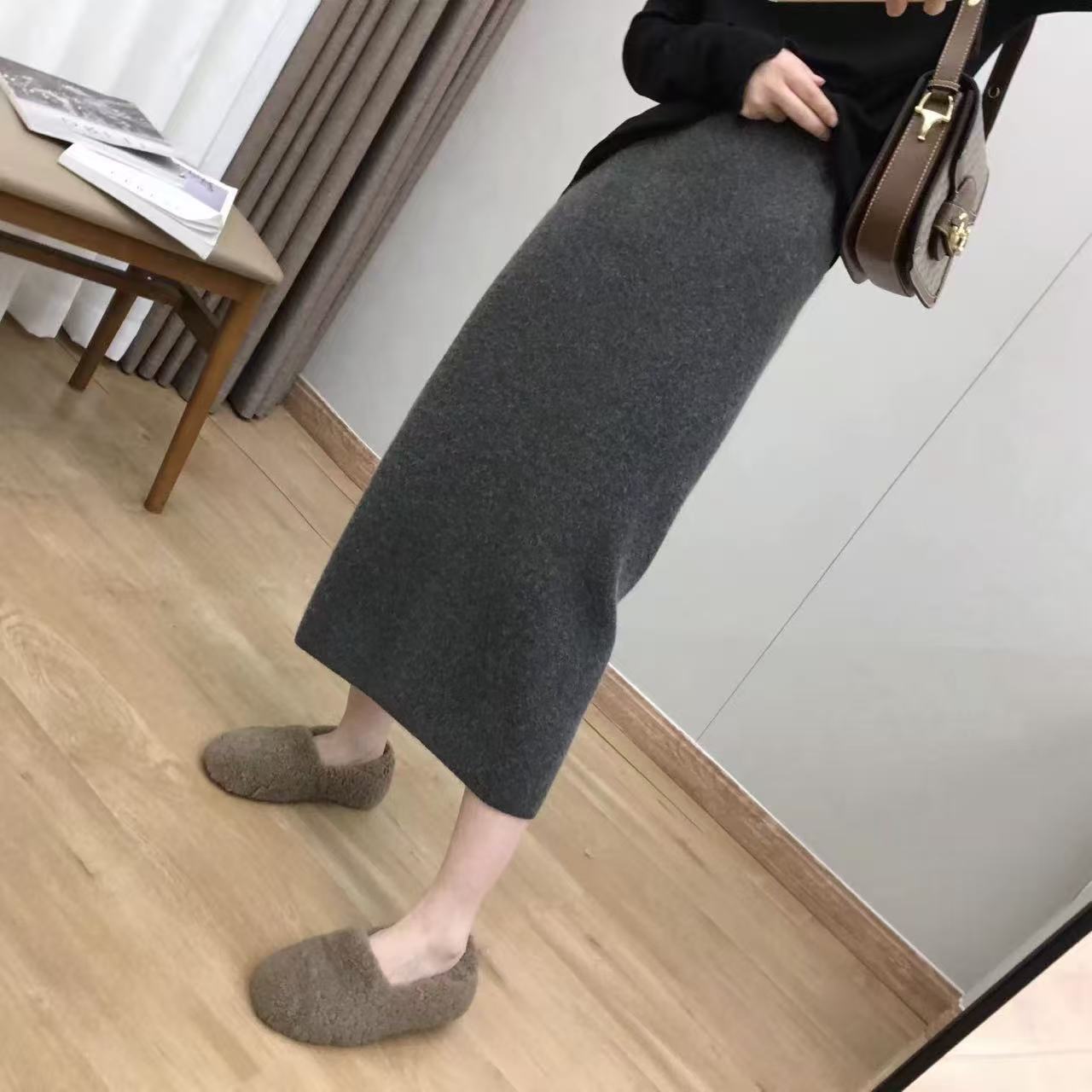 加厚灰色毛呢西装半身裙女夏季休闲高腰显瘦开叉a字一步包臀长裙