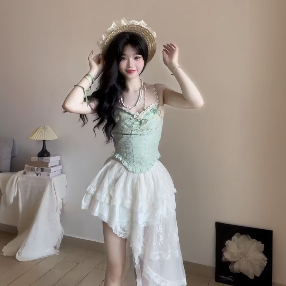 【夏季新款】纯欲薄荷曼波绿吊带上衣不规则半身裙套装