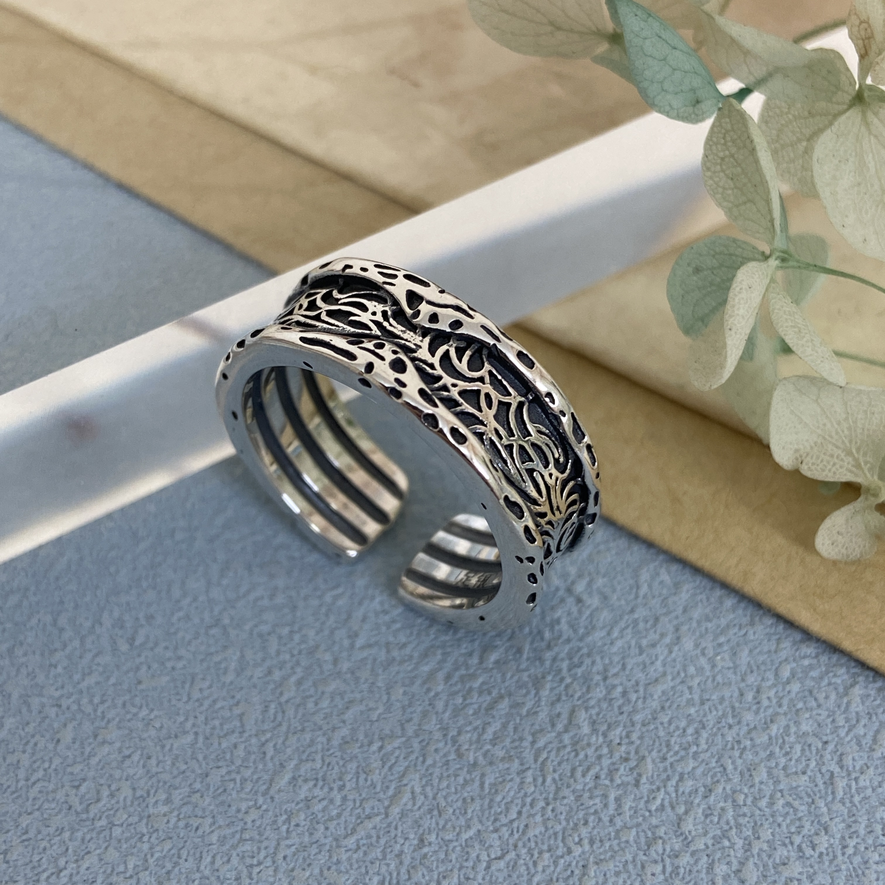 足银戒指 990复古唐草纹新中式冷淡风古风潮流男女通用款指环戒子