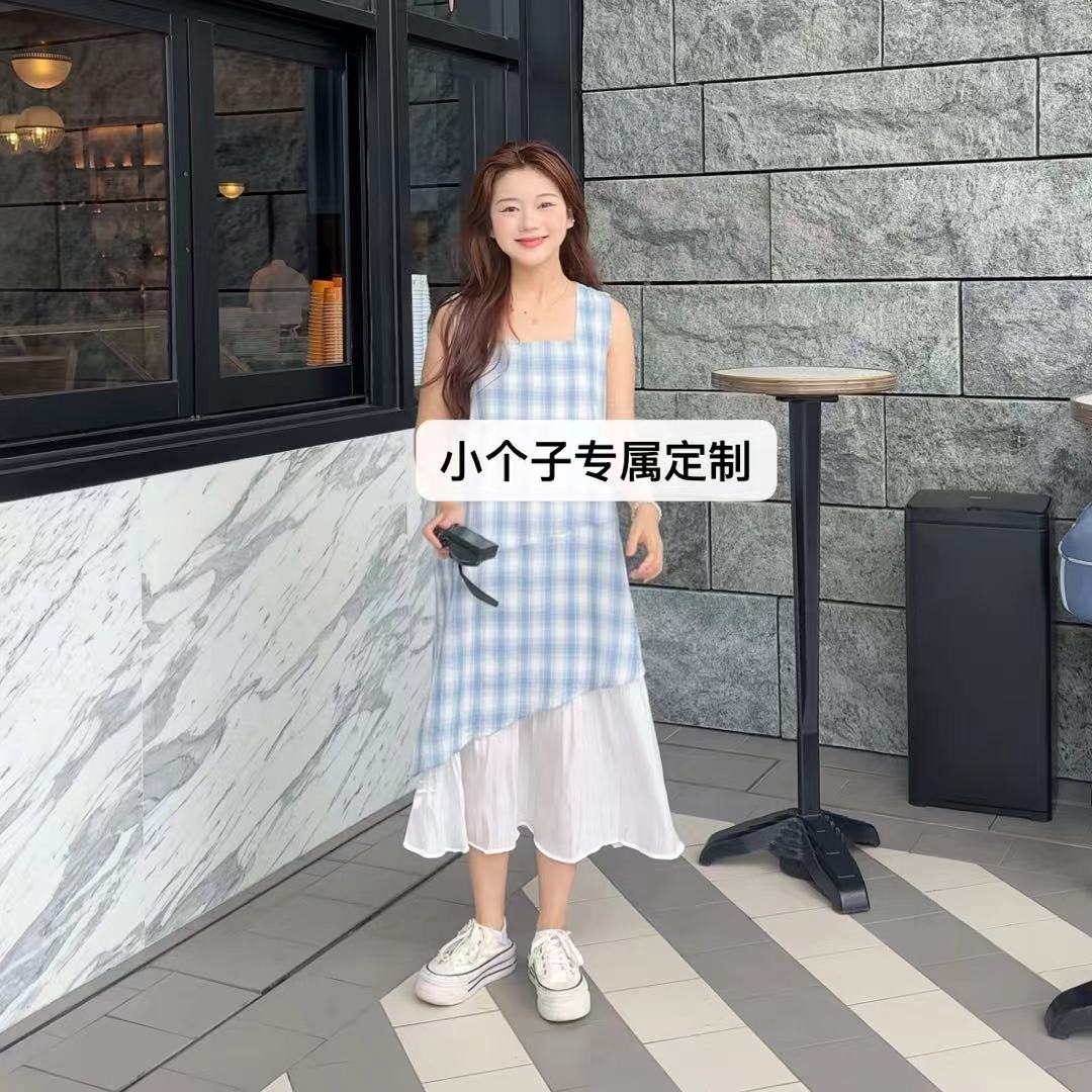 小个子定制蓝色格纹方领无袖A字长裙设计感假两件不规则连衣裙