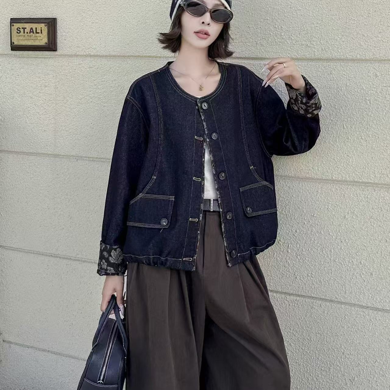 燕子家圆领时尚气质女士牛仔外套