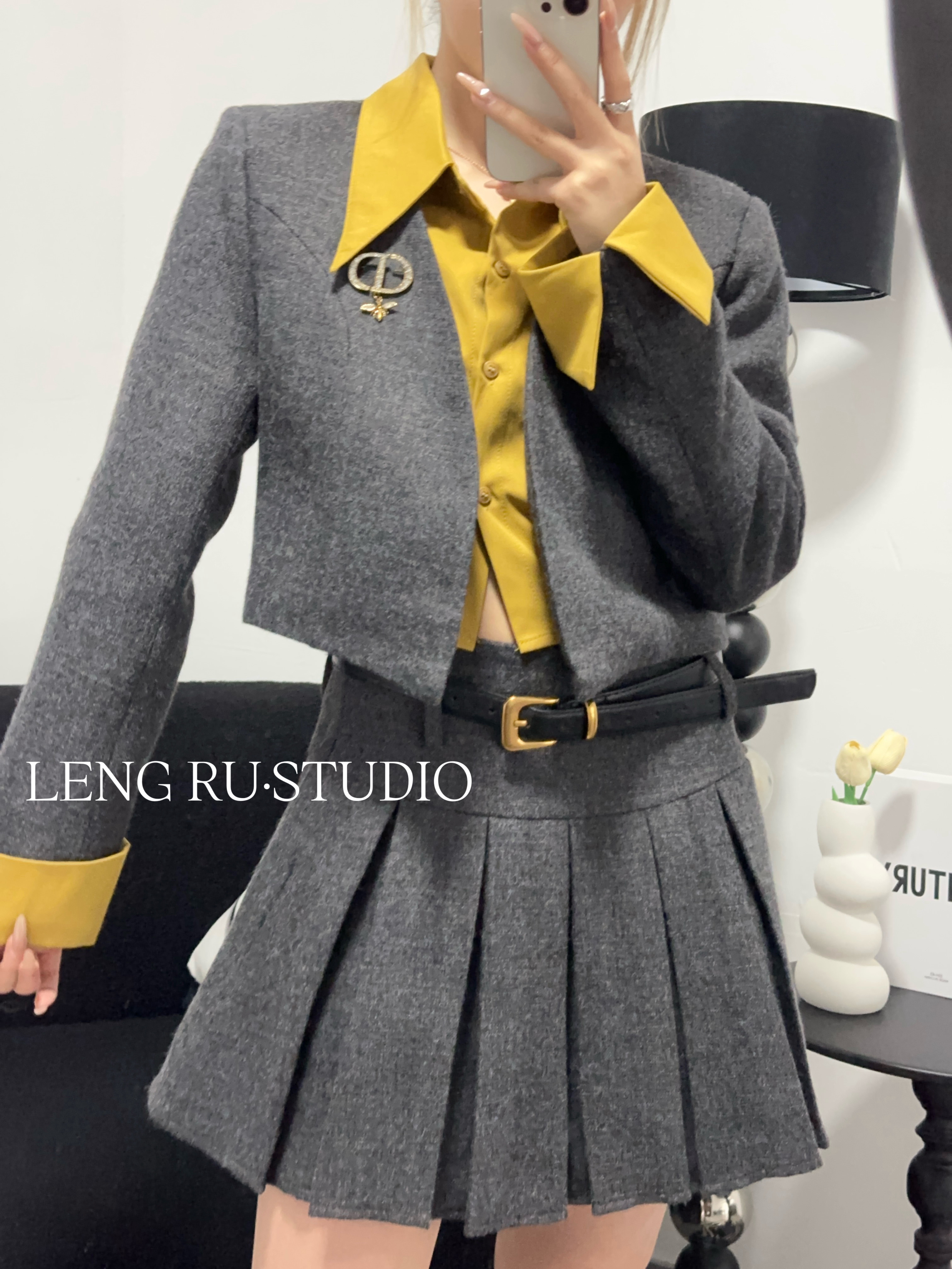 学院风韩版撞色毛呢假两件短外套百褶裙秋冬显瘦时尚套装