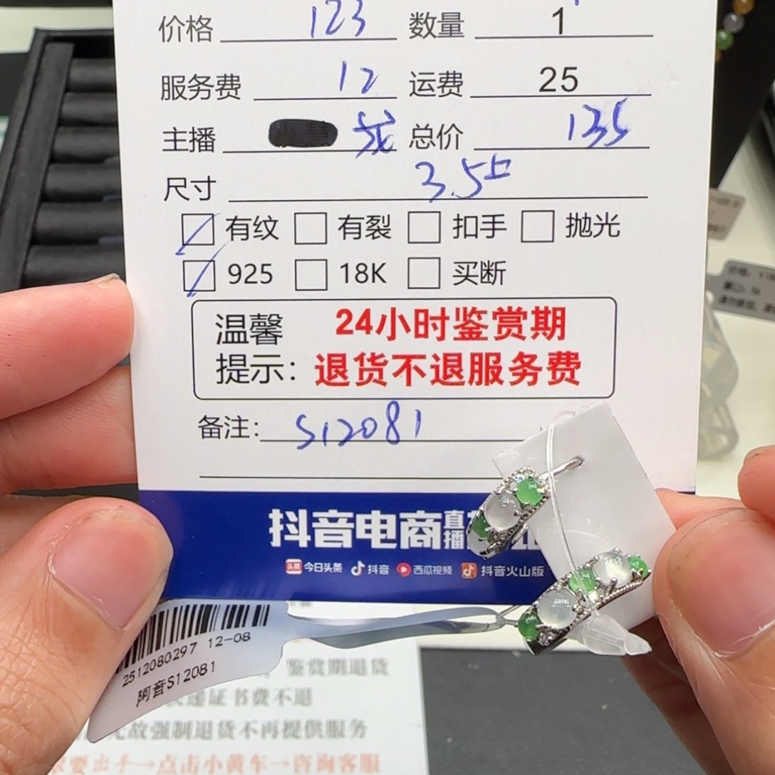 昭***愿翡翠银S925镶嵌耳饰翡翠耳饰