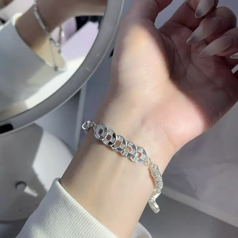 足银手链 精工厚银五帝钱盘缠手链转运招财猫手链中式气质手链