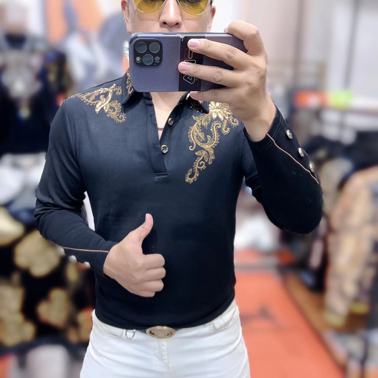 力龍潮牌男士秋季新款高品质时尚潮流修身弹力上衣