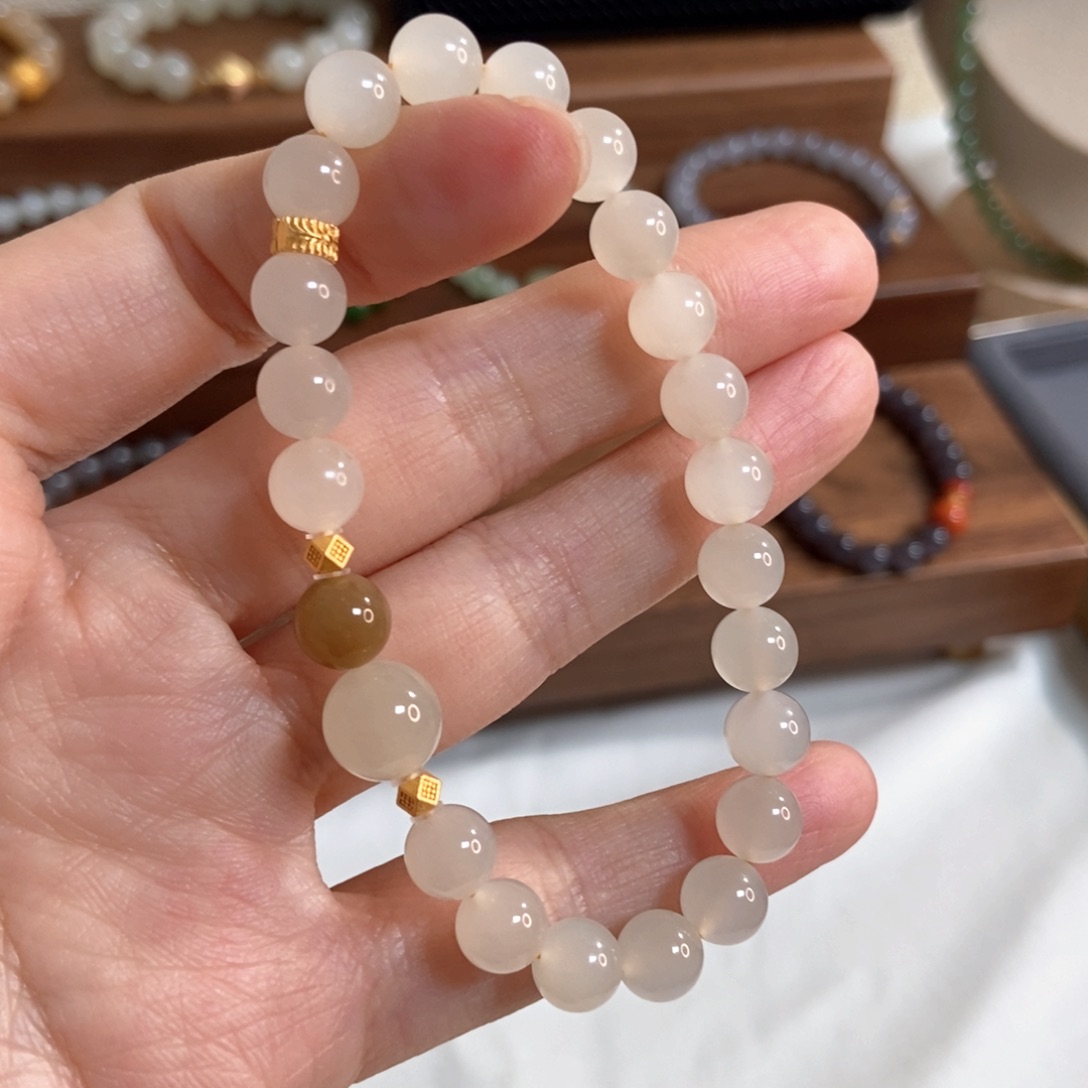 和田玉手链银S925镶嵌蜂蜜水8mm高冰底精品