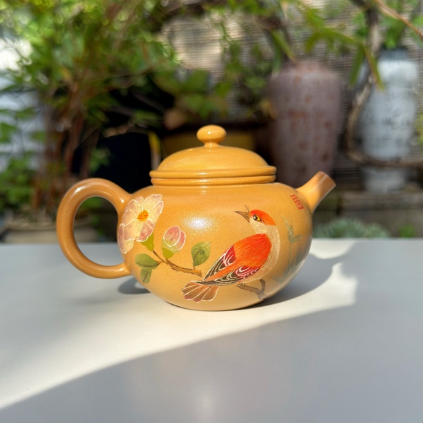 【陶点茶】建水紫陶空也乐烧重工花鸟系列刻填泥绘工艺精品紫陶壶