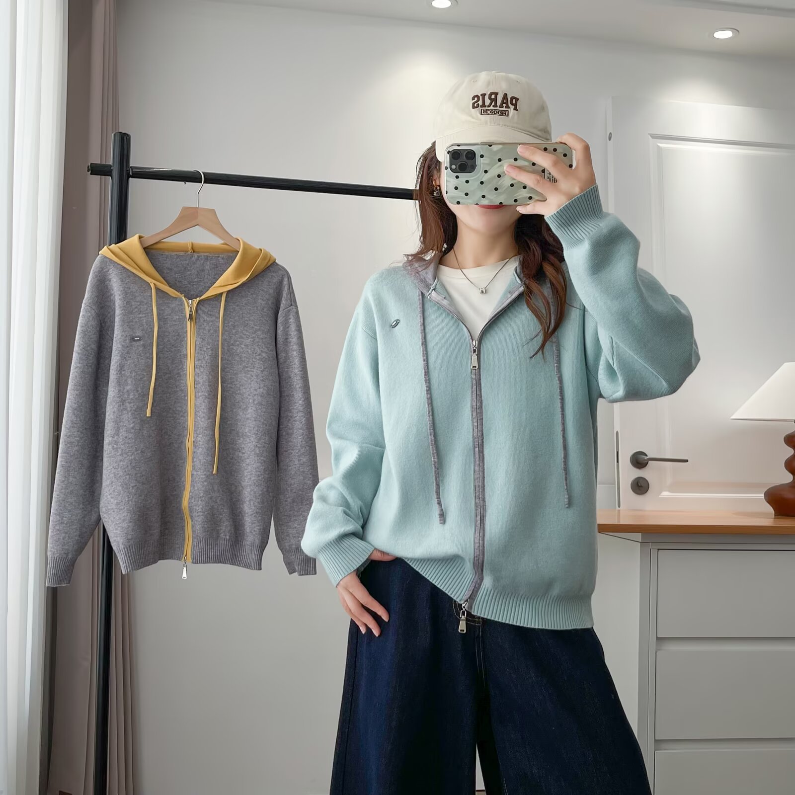 大码女装秋季新款韩版撞色连帽针织开衫宽松胖mm显瘦毛衣拉链外套