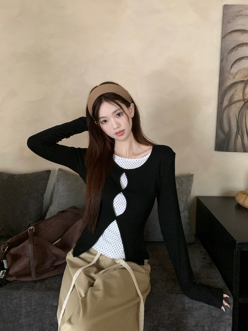 假两件镂空波点长袖t恤女秋季新款修身针织上衣